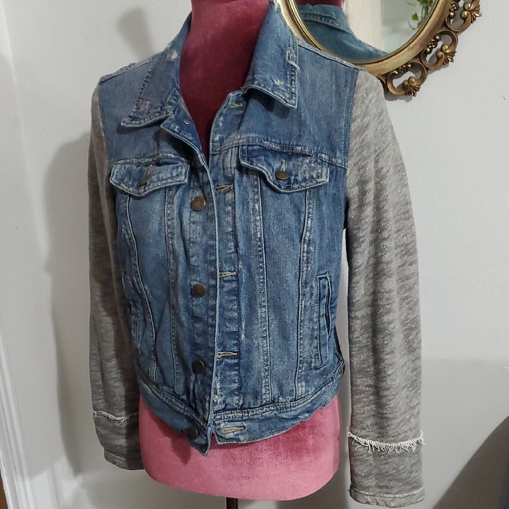 Free People Distressed Denim and Gray Jacket Size S